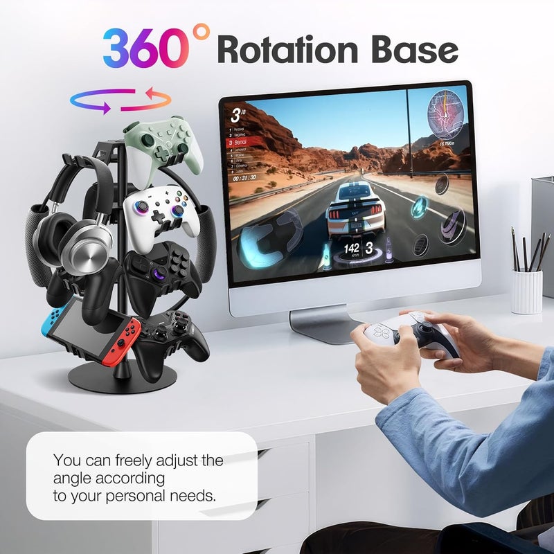 Hatisan Headset Stand 4 Tiers Rotating, Desktop Controller Holder for Xbox PS5 PS4 Switch, Gaming Accessories Headset Holder for 8 Pack Controller - Image 4